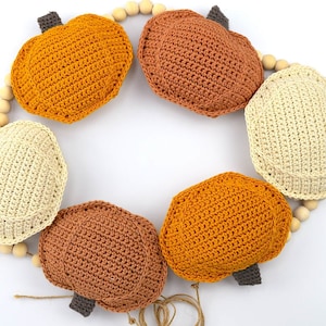 May include: A garland of six crocheted pumpkins in various shades of orange, brown, and cream. The pumpkins are strung together with wooden beads.
