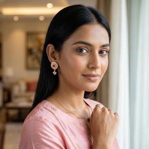 Peut inclure: Une paire de boucles d'oreilles dorées présentant un motif floral circulaire avec une pierre rouge centrale et un cristal rose clair carré suspendu. Les boucles d'oreilles sont portées avec une fine chaîne dorée et une bague simple.