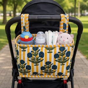 Handmade Quilted Cotton Stroller Caddy Organizer, Baby Pram Organizer Bag, Diaper Caddy, Stroller Storage, Baby Shower Gift