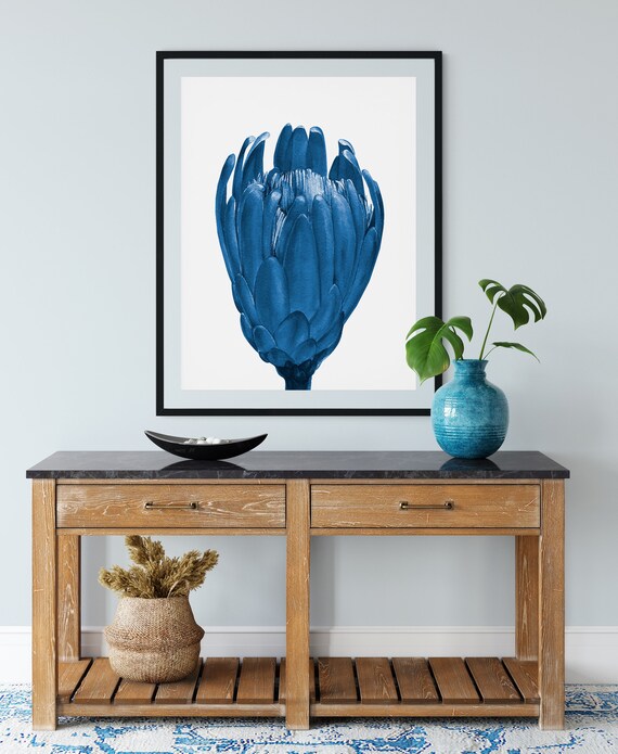 Navy blue floral wall art Protea canvas Hamptons Style Art Etsy