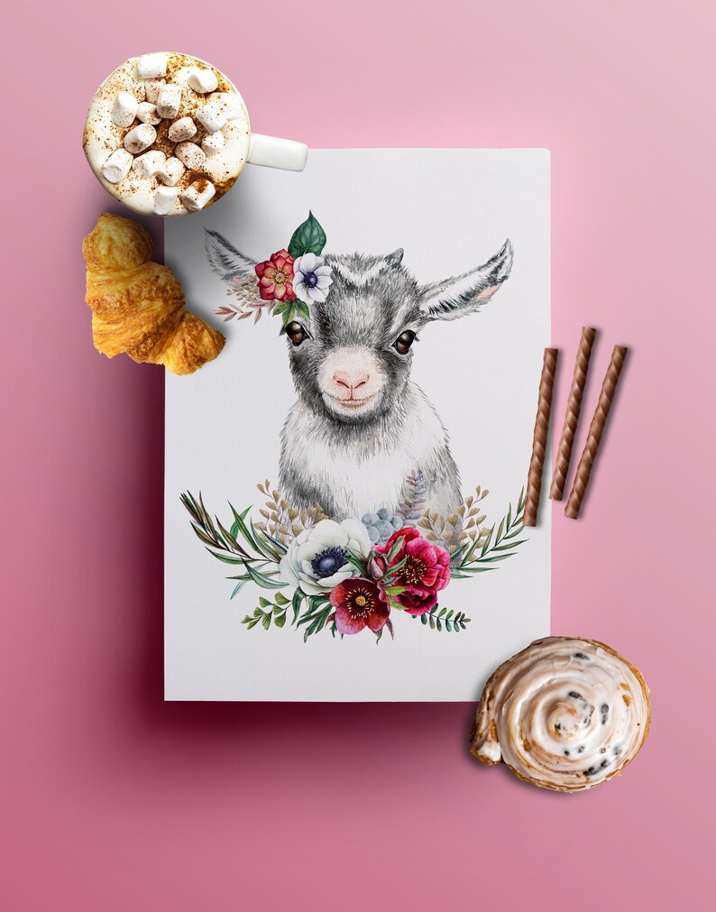 Baby Goat Wall Art Watercolor Goat Print Flower Crown Etsy