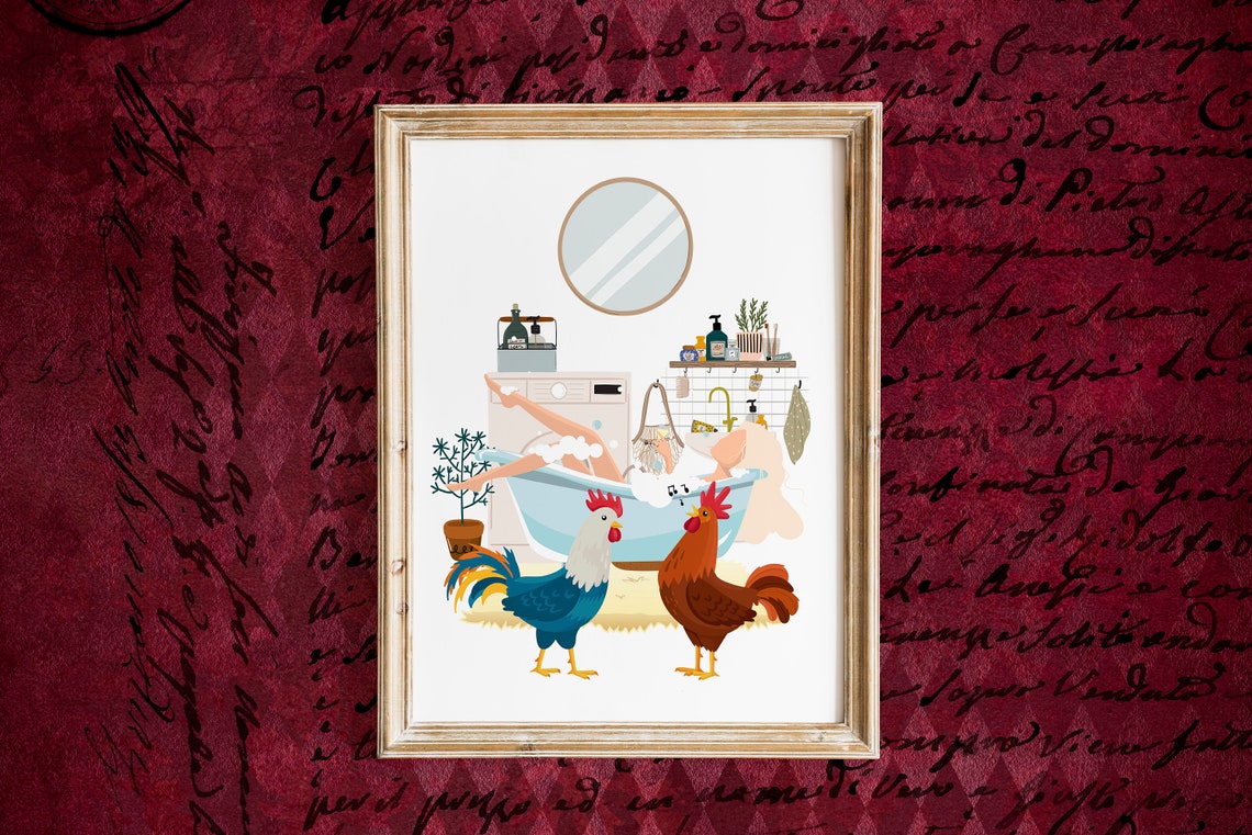 Rooster Whimsical Art Bathroom Prints Hen wall art Bathroom Etsy