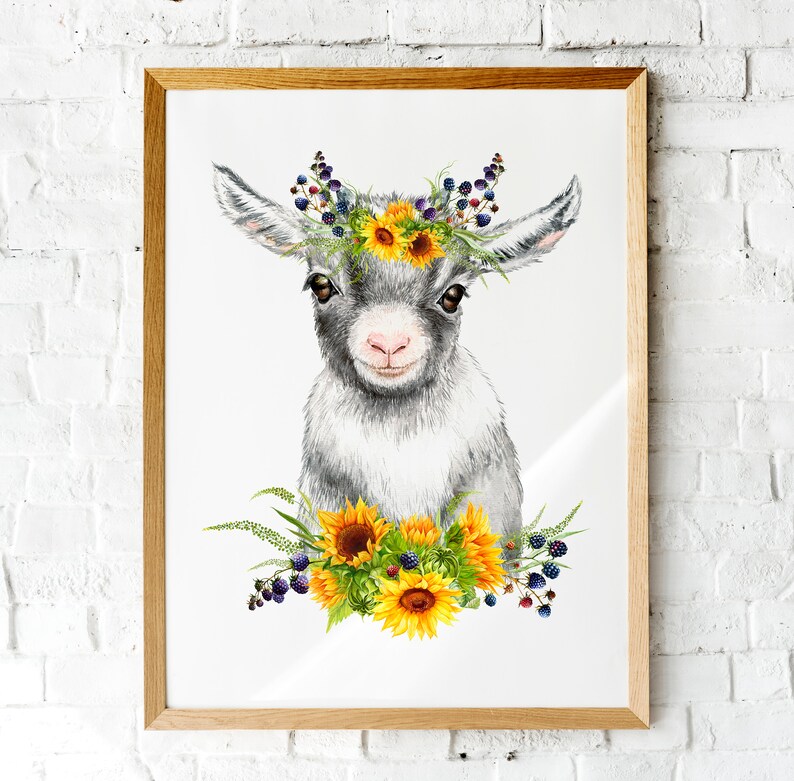 Baby Goat Wall Art Watercolor Goat Print Sunflower Bouquet