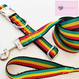 May include: A red, yellow, and green striped dog collar and leash set with silver hardware. The collar has a buckle closure and the leash has a metal ring.