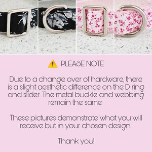 Puede incluir: Tres collares para perros con diferentes patrones. Los collares tienen herrajes plateados, incluyendo un anillo en D y una hebilla. Los collares est&aacute;n hechos de cinta.  "NOTA: Debido a un cambio en el hardware, hay una ligera diferencia est&eacute;tica en el anillo en D y el deslizador. La hebilla de metal y la cinta permanecen iguales. Estas im&aacute;genes muestran lo que recibir&aacute;, pero en el dise&ntilde;o que elija. &iexcl;Gracias!"