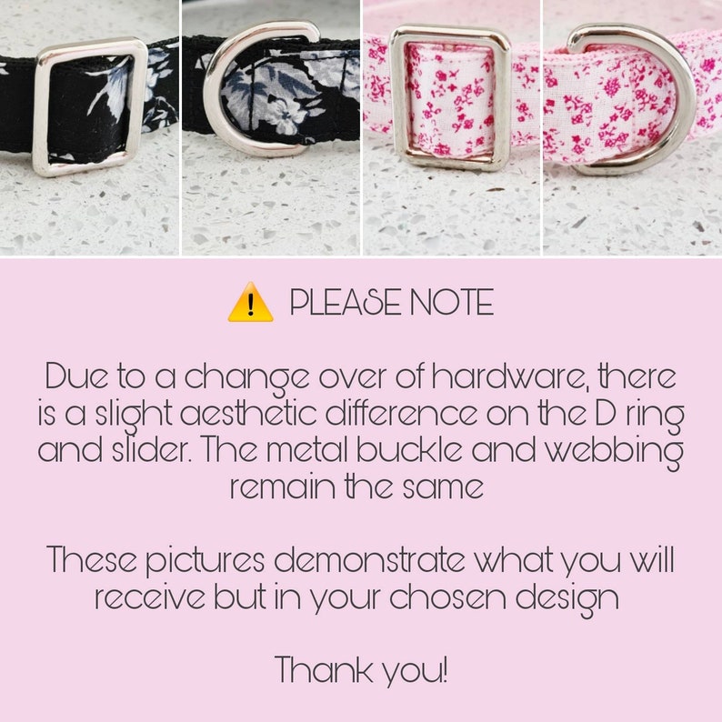 Puede incluir: Tres collares para perros con diferentes patrones. Los collares tienen herrajes plateados, incluyendo un anillo en D y una hebilla. Los collares est&aacute;n hechos de cinta.  "NOTA: Debido a un cambio en el hardware, hay una ligera diferencia est&eacute;tica en el anillo en D y el deslizador. La hebilla de metal y la cinta permanecen iguales. Estas im&aacute;genes muestran lo que recibir&aacute;, pero en el dise&ntilde;o que elija. &iexcl;Gracias!"