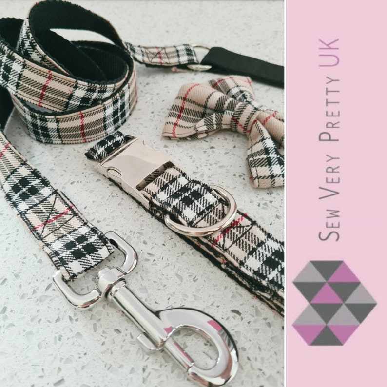 Beige Tartan/plaid Dog Collar Lead and Dickie Bow Set Dog Etsy