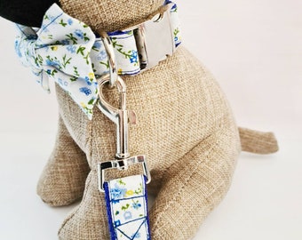 Collar de perro de niño floral / ditsy azul, correa / correa, conjunto de lazos de pajarita / dickie