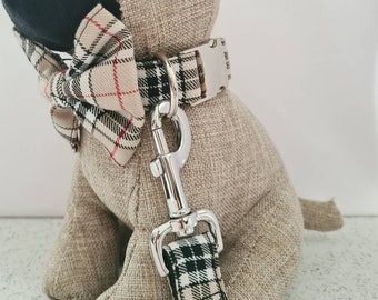 Collar de perro de tartán beige / plaid, juego de arco de plomo y dickie, regalos para perros