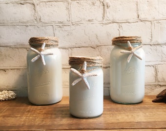 Mason Jars Sea Salt, Beach Decor Painted Jars, Starfish Mason Jar Vases