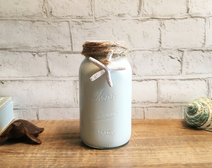 Beach Mason Jar, Sea Salt Painted Jar, Starfish Glass Jar Vase, Beach House Decor