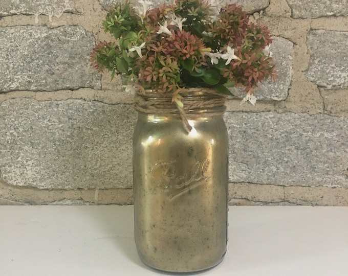 Antiqued Mason Jar, Rustic Gold Mason Jar Vase, Farmhouse Decor