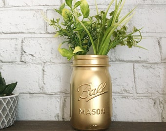 Gold Mason Jar, Metallic Gold Mason Jar Vase, Chic Wedding Decor