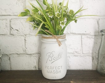 Pint Mason Jar White Distressed, Painted Mason Jar, Farmhouse Jar Decor