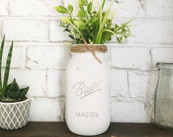 Painted Mason Jar, Distressed Farmhouse Quart Mason Jar Vase, White Rustic Painted Jar