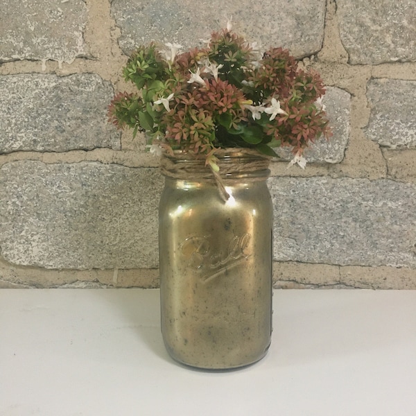 Antiqued Mason Jar, Rustic Gold Mason Jar Vase, Farmhouse Decor