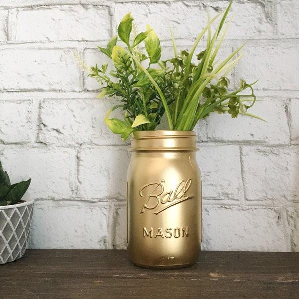 Gold Mason Jar, Metallic Gold Mason Jar Vase, Chic Wedding Decor