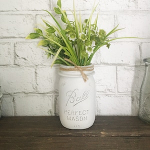 Pint Mason Jar White Distressed, Painted Mason Jar, Farmhouse Jar Decor