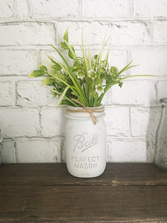 Pint Mason Jar White Distressed, Painted Mason Jar, Farmhouse Jar Decor