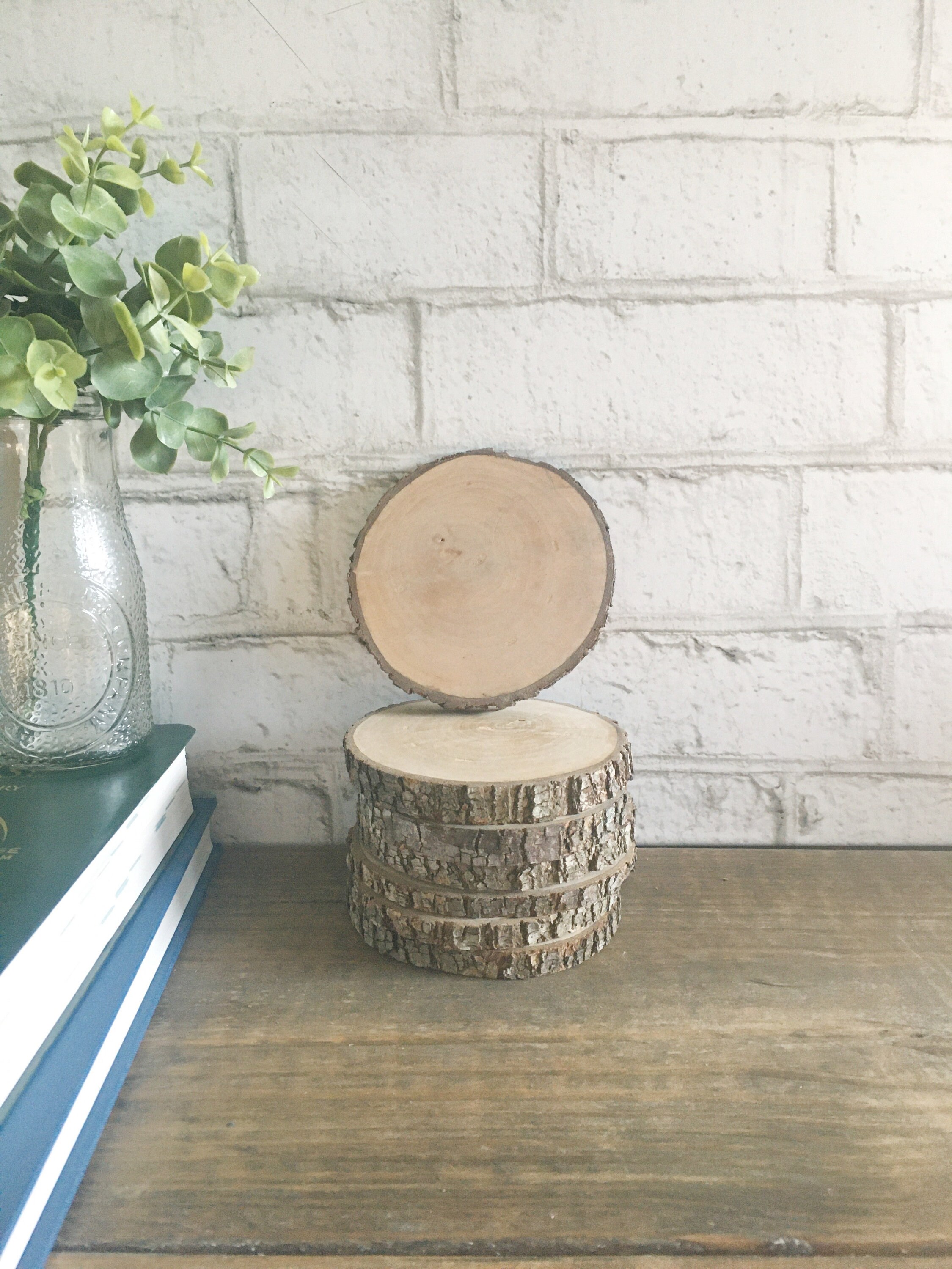 Set of 5 Rustic Wood Log Coasters, Natural Bark Coasters