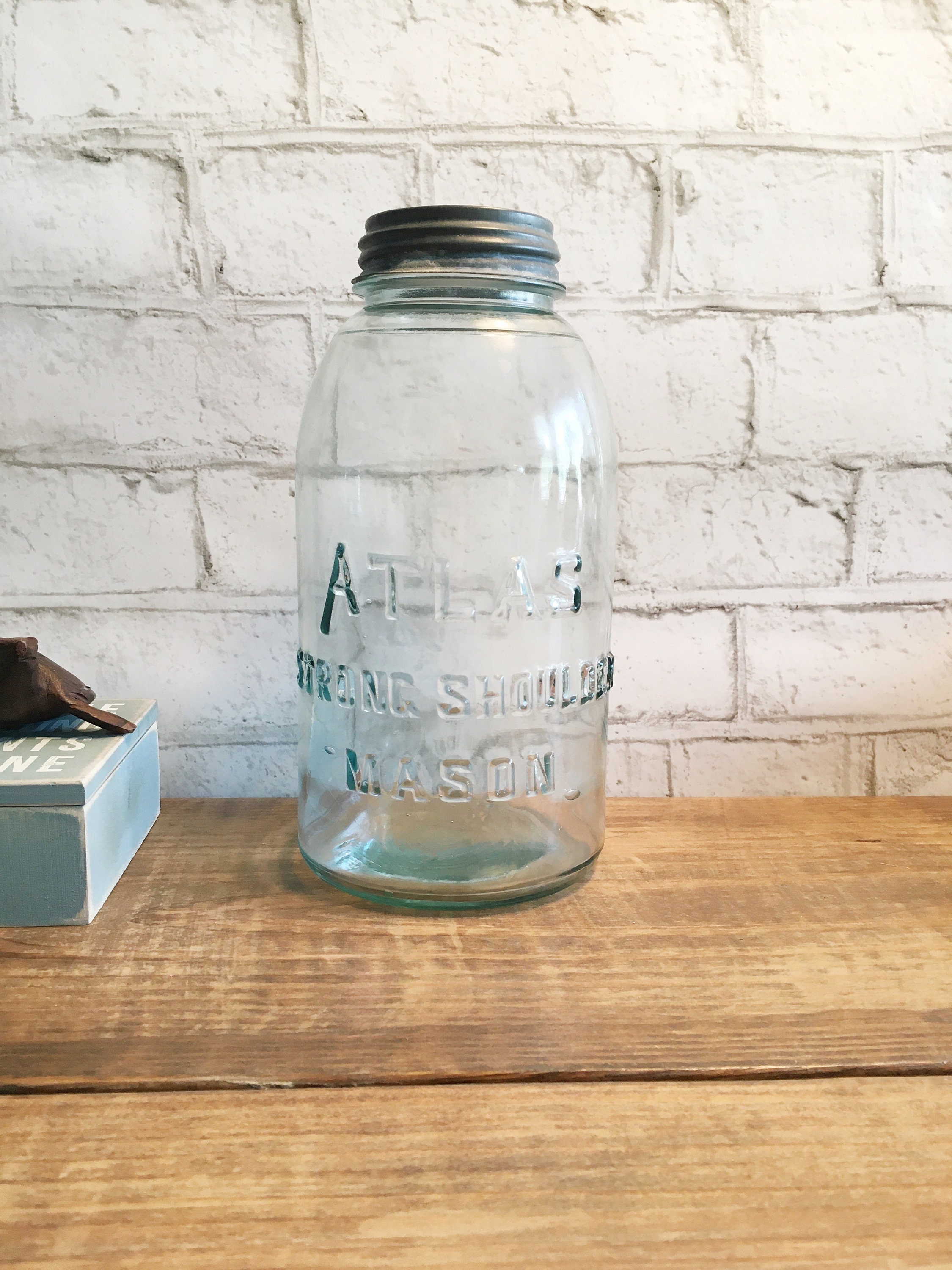 Atlas Mason Jar, Strong Shoulder Half Gallon Mason Jar, Vintage Aqua