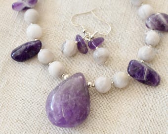 Amethyst and Moonstone Necklace Set, Matching Earrings, Purple and White, Handmade, Unique