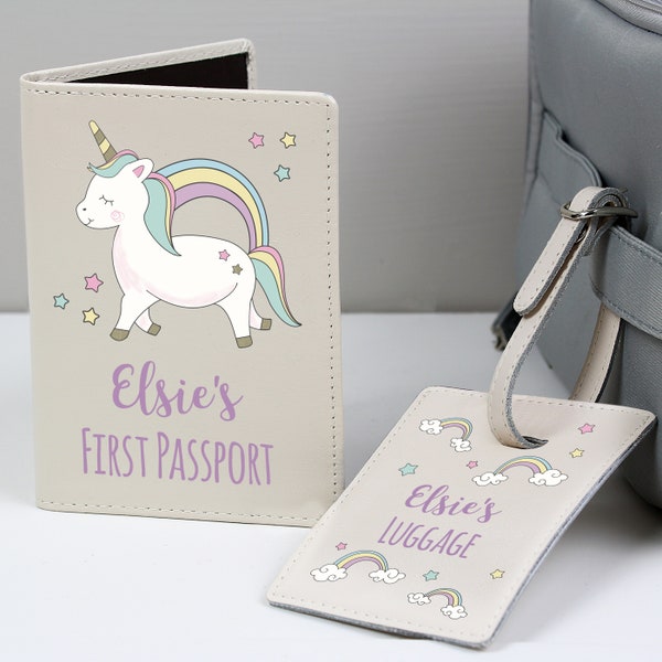 Personalised Baby Unicorn Childrens Passport Holder & Luggage Tag Set | Personalised Kids Travel Gift