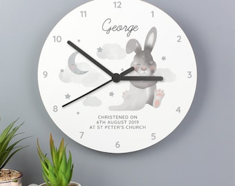 White Wooden Nursery Kids Room Clock Personalised Baby Bunny Christening Gift