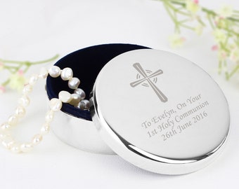 Engraved Silver Cross Trinket Box | Box for Rosary Beads | Holy Communion Gift