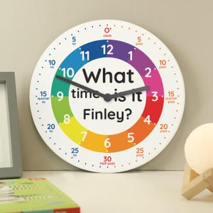 May include: A colourful, round clock with a rainbow design and the text "What time is it Finley?" The clock face has numbers 1-12 and markings for 5, 10, 15, 20, 25, and 30 minutes past the hour.