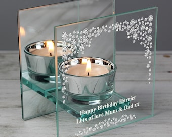 Personalised Diamante Mirrored Glass Tea Light Holder | Birthday | Anniversary | Wedding Gift