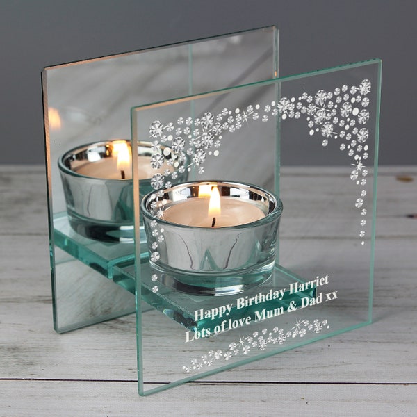 Personalised Diamante Mirrored Glass Tea Light Holder | Birthday | Anniversary | Wedding Gift