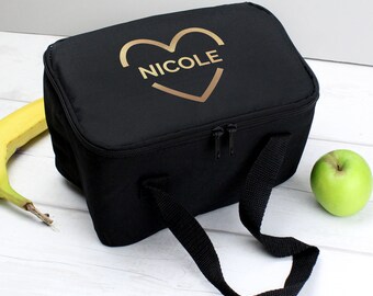 Personalised Gold Heart Black Lunch Bag | School Lunch Bag with Childs Name