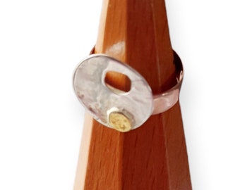Hammered Mixed Metal Disc Ring, Geometric Chunky Greek Jewelry