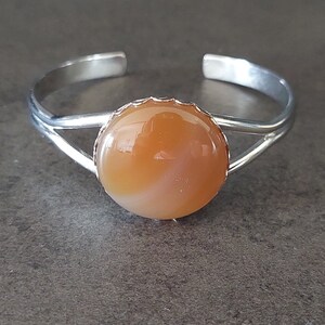 Orange Yellow Stripped Agate Stone Open Cuff Bangle Silver Plated Bracelet, Sun Rainbow Greek Stacking Jewelry