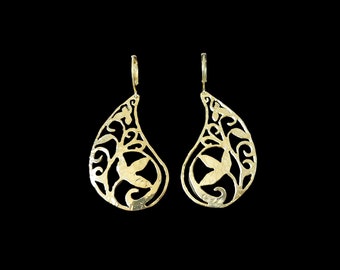 Filigree Teardrop Long Huggie Earrings, Traditional Greek Gold Handmade Jewelry