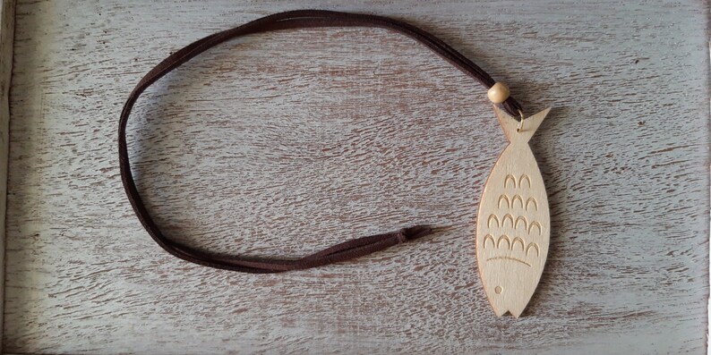 Unisex Long Wooden Fish Necklace in Brown Leather Beaded Cord