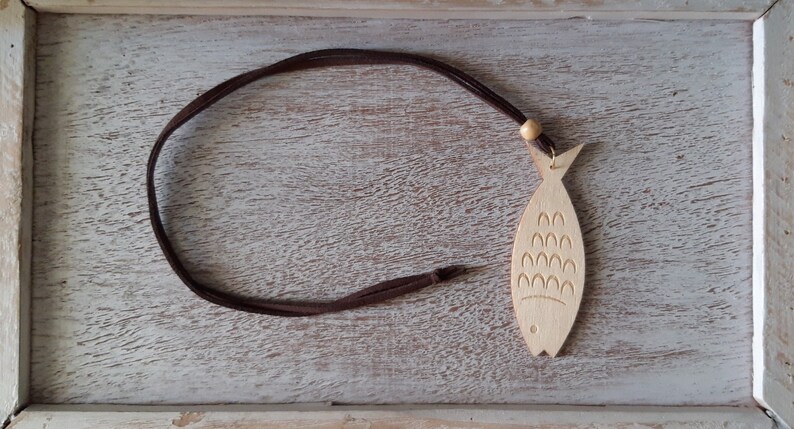 Unisex Long Wooden Fish Necklace in Brown Leather Beaded Cord