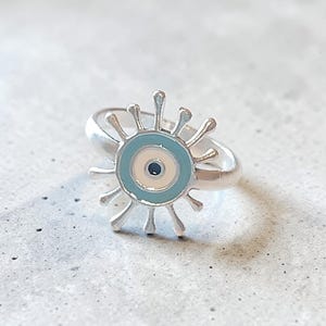 Silver Enameled Evil Eye Sunburst Ring, Adjustable Boho Celestial Protective Jewelry