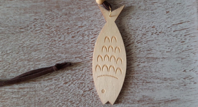 Unisex Long Wooden Fish Necklace in Brown Leather Beaded Cord