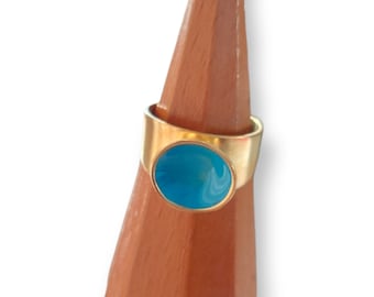 Baby Blue Enamel Gold plated Band Ring with Flower Circle Disc