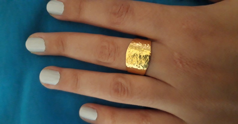 Simple comfort fit band Handmade wide band ring Unisex wedding ring Hammered gold plated ring