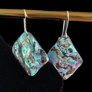 Può includere: Un paio di orecchini pendenti in argento con ciondoli in madreperla di abalone iridescente. La conchiglia presenta un motivo di colore blu, verde e marrone.