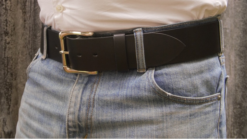 Men's 2 Inch Wide Leather Belt, Heavy 95gram Solid Brass Heel Bar Buckle image 4