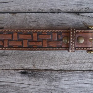 Hand saddle stitched and tooled leather belt Lattice image 6