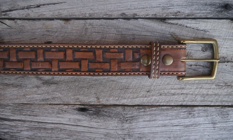 Hand saddle stitched and tooled leather belt Lattice image 6