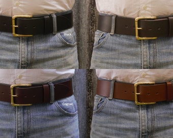 Men's 2 Inch Wide Leather Belt, Heavy 95gram Solid Brass Heel Bar Buckle