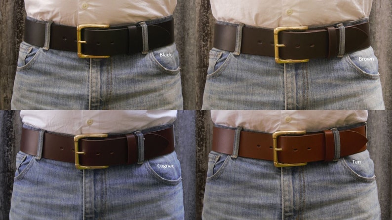 Men's 2 Inch Wide Leather Belt, Heavy 95gram Solid Brass Heel Bar Buckle image 1