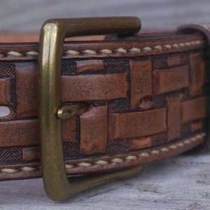 Hand saddle stitched and tooled leather belt Lattice image 1