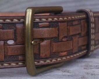 Hand saddle stitched and tooled leather belt - Lattice